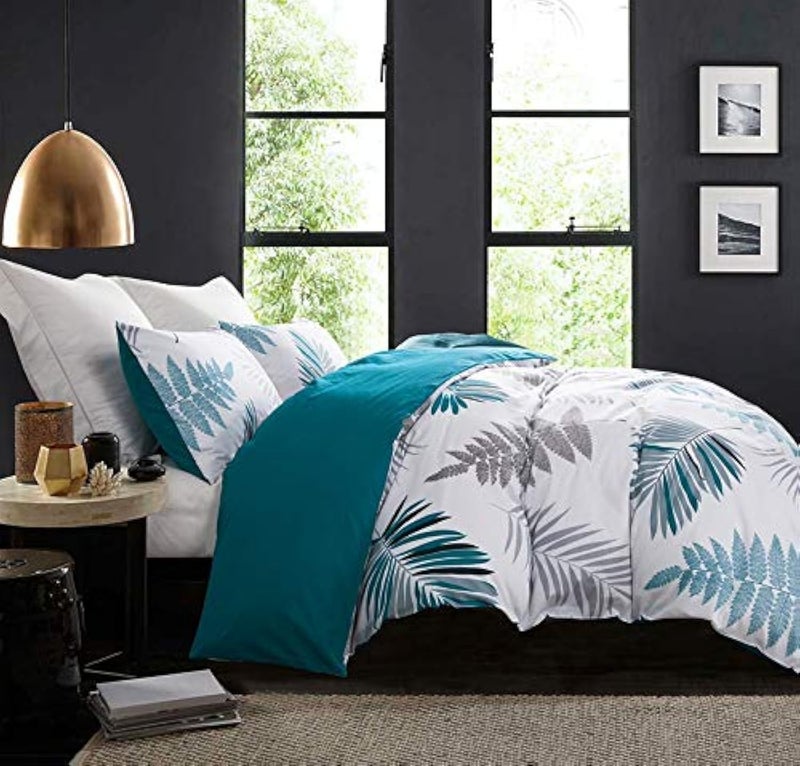 Duvet Cover Set 600 Thread Count Cotton White Leaf Floral Pattern Print Reversible Comforter Cover Set King Peacock BlueLeaf