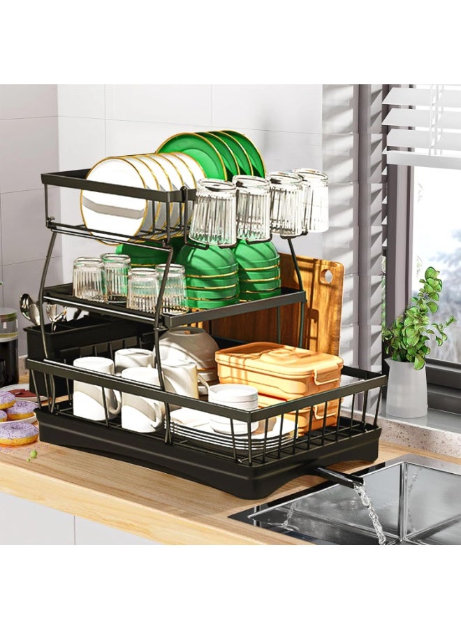 م.ا & ف'س رف تجفيف أطباق، حامل تجفيف أطباق بثلاثة أرفف مع لوح تصريف، منظم أطباق لتنظيم المطبخ، منظم تجفيف أطباق قابل للفصل بسعة كبيرة - Image 1