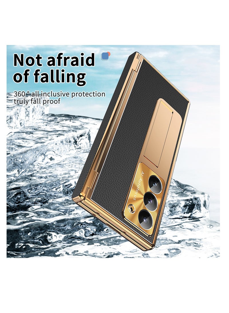 Aookay - Case for Samsung Galaxy Z Fold 6 with Pen, Leather + Electroplating, Two Kinds of Hinges, with Stand, Pen Tray, Rear Camera Screen Protector, Anti-Drop Case [Not Original Pen] (Electroplated Black) - Image 1