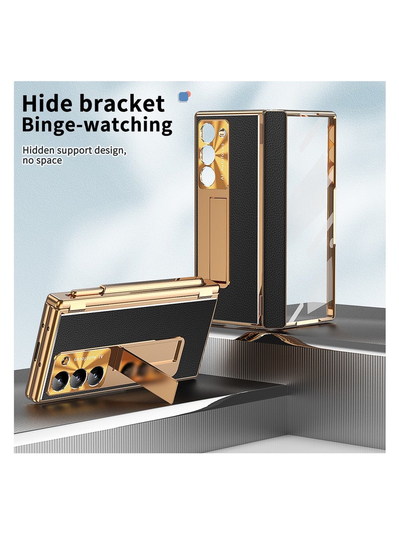 Aookay Case for Samsung Galaxy Z Fold 6 with Pen, Leather + Electroplating, Two Kinds of Hinges, with Stand, Pen Tray, Rear Camera Screen Protector, Anti-Drop Case [Not Original Pen] (Electroplated Black)  - Image 5