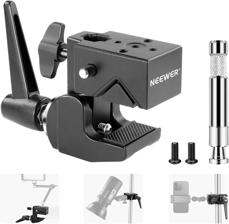 Neewer Super Clamp with 5/8" Stud, Spring Lock, 2.4"/6cm Jaw Grip Heavy Duty Crab Pole Clamp for Round Pipe Flat Surface, for Photography Studio Camera & Lighting Mounting, Max Load 33lb/15kg, UA017 - Image 1