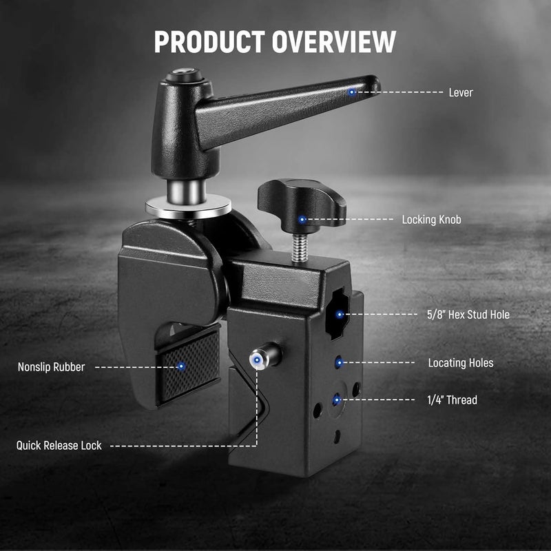 Neewer Super Clamp with 5/8" Stud, Spring Lock, 2.4"/6cm Jaw Grip Heavy Duty Crab Pole Clamp for Round Pipe Flat Surface, for Photography Studio Camera & Lighting Mounting, Max Load 33lb/15kg, UA017 - Image 2