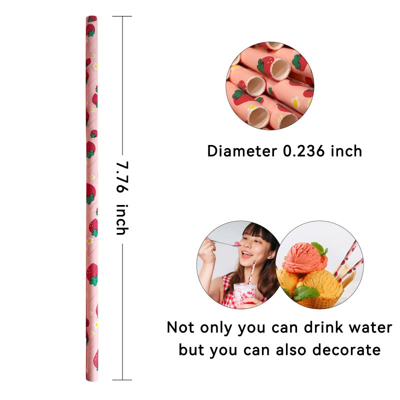 YAOSHENG Premium Disposable Drinking Fruit Paper Straws  Pack 100 Strawberry Paper Straws for Cocktail Party Supplies Birthday Bridal/Baby Shower Juice Shakes (Strawberry) - Image 2