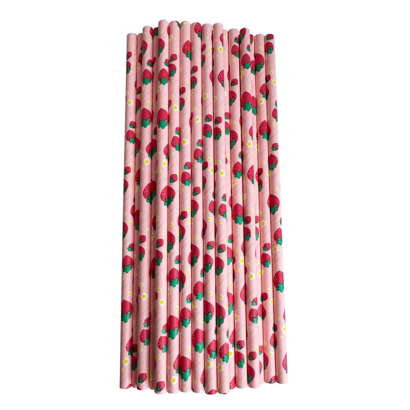 YAOSHENG Premium Disposable Drinking Fruit Paper Straws  Pack 100 Strawberry Paper Straws for Cocktail Party Supplies Birthday Bridal/Baby Shower Juice Shakes (Strawberry) - Image 1