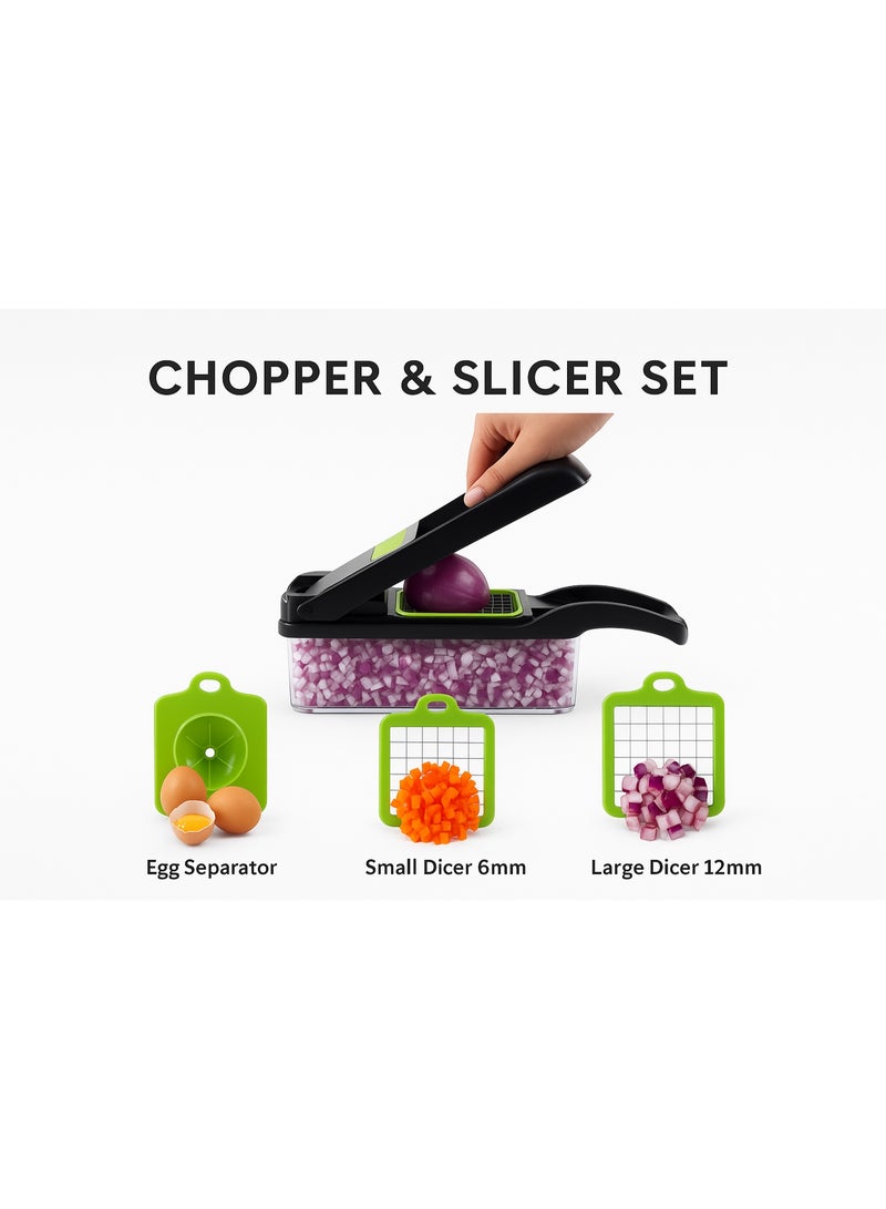 قطّاعة وخلاط خضروات متعددة الوظائف- 12 في 1 لتقطيع وتقطيع الطعام يدويًا مع شفرات من الفولاذ المقاوم للصدأ وحاوية تخزين - Image 3