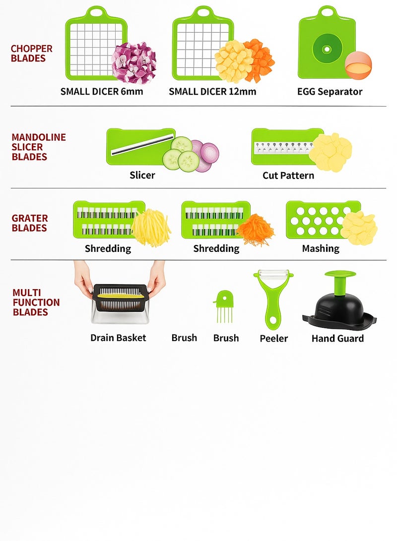 قطّاعة وخلاط خضروات متعددة الوظائف- 12 في 1 لتقطيع وتقطيع الطعام يدويًا مع شفرات من الفولاذ المقاوم للصدأ وحاوية تخزين - Image 2