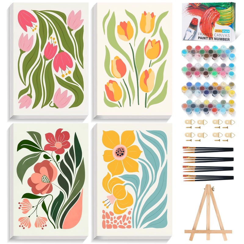 Okarina 4 Pack Paint by Numbers Kit for Adults with Frame Flower Easy, Framed Paint by Number for Adults Beginner with Wooden Easel, Floral DIY Painting by Numbers Canvas Framed for Home Decor 8 x 12 Inch - Image 1