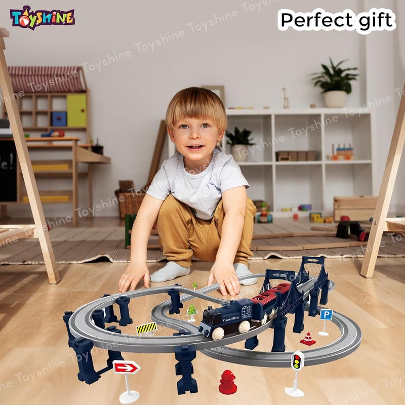 Toyshine مجموعة ألعاب قطار مصغر تعمل بالبطارية 70 قطعة - هدية تعليمية ممتعة لتطوير الذكاء للأطفال من 3 سنوات فما فوق، باللون الأزرق - Image 5