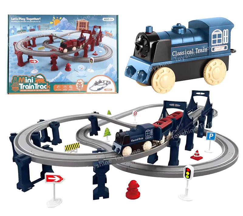 Toyshine مجموعة ألعاب قطار مصغر تعمل بالبطارية 70 قطعة - هدية تعليمية ممتعة لتطوير الذكاء للأطفال من 3 سنوات فما فوق، باللون الأزرق - Image 1