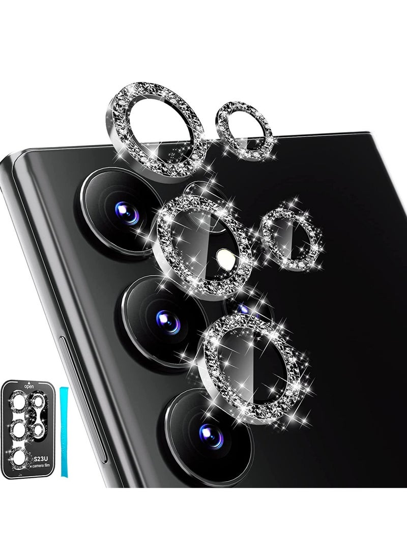 Samsung Galaxy S23 Ultra Camera Lens Protector, 9H Tempered Glass + Aluminum Alloy Metal Individual Lens Screen Ring for S23 Ultra 6.8in 5G 2023 - Glitter Black