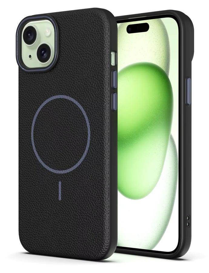 Magsafe Phone Case For iPhone 14 With High Quality Rubber Frame And Slim Lychee Pattern Leather Case with Camera Lens Protection Shockproof Cover And support wireless Charging Leather Cover for iPhone 14 - Black - Image 1