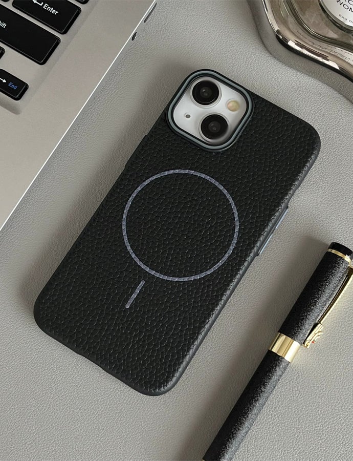 Magsafe Phone Case For iPhone 14 With High Quality Rubber Frame And Slim Lychee Pattern Leather Case with Camera Lens Protection Shockproof Cover And support wireless Charging Leather Cover for iPhone 14 - Black - Image 2