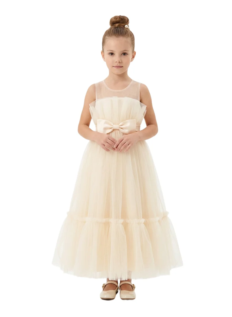 Bidani Elegant Cream Tulle Flower Girl Dress with Bow