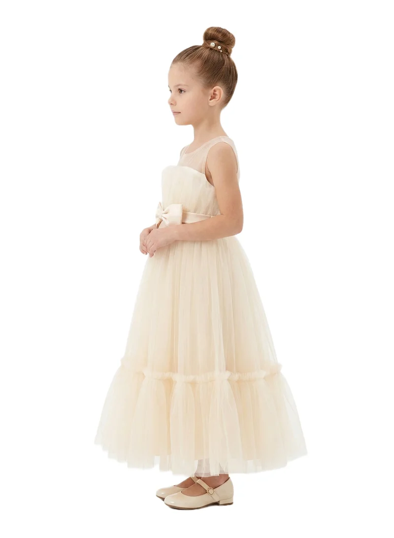 Bidani Elegant Cream Tulle Flower Girl Dress with Bow