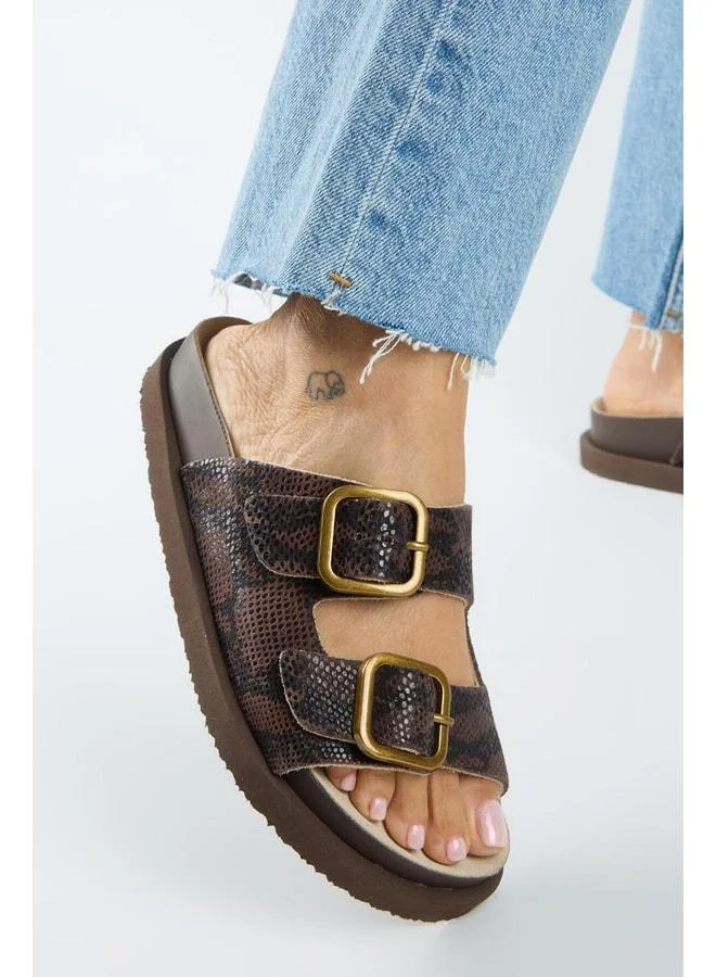Sevalli 2 Women's Genuine Leather Double Buckle Coffee Snake Slippers.