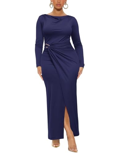 Ekaliy Womens Long Sleeve Bodycon Dress Elegant Cocktail Party Long Dresses Fall Wedding Guest Dresses Navy Blue 2XL - Image 1