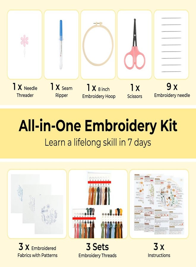 HTVRONT Embroidery Kit for Beginners- 3 Pcs Needlepoint Kits for Adults with Step by Step Video, Flower Beginner Embroidery Kit for Adults, Pre-Printed Patterns for Gift for Women - Image 2