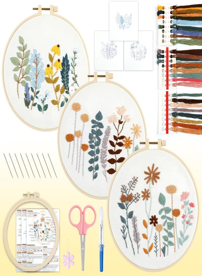 HTVRONT Embroidery Kit for Beginners- 3 Pcs Needlepoint Kits for Adults with Step by Step Video, Flower Beginner Embroidery Kit for Adults, Pre-Printed Patterns for Gift for Women - Image 1