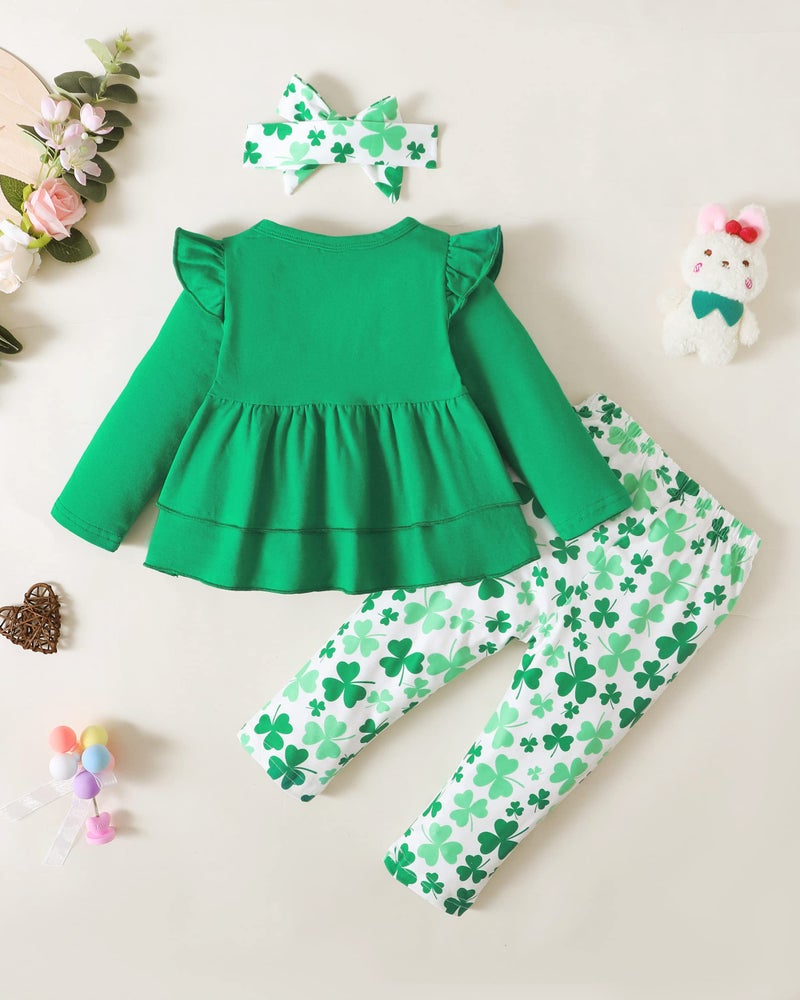 SODLON Baby Girl 18-24 Months Clothes St. Patrick's Day Outfits Toddler Girls Clothes 24 Month Long Sleeve Ruffle Shirts Shamrock Print Pants Headband Winter Fall Clothing Sets Green - Image 3