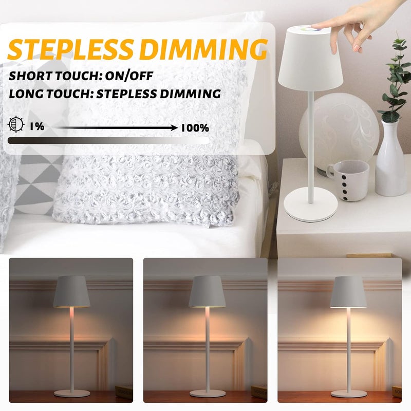 Maksone 2 Pack LED Cordless Table Lamp 6600mWh Rechargeable Battery Desk Lamp 3000K Stepless Dimming Night Light IP54 Waterproof Metal Outdoor Portable Lamp for Camping Restaurant White - Image 4