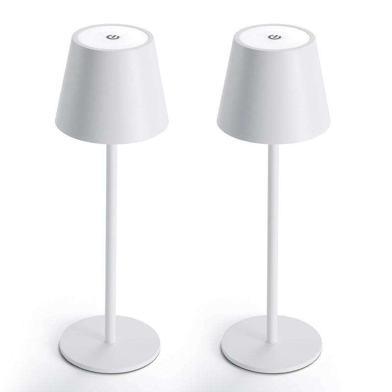 Maksone 2 Pack LED Cordless Table Lamp 6600mWh Rechargeable Battery Desk Lamp 3000K Stepless Dimming Night Light IP54 Waterproof Metal Outdoor Portable Lamp for Camping Restaurant White - Image 1