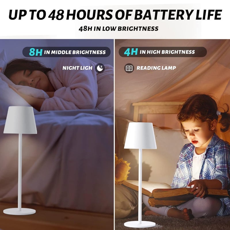 Maksone 2 Pack LED Cordless Table Lamp 6600mWh Rechargeable Battery Desk Lamp 3000K Stepless Dimming Night Light IP54 Waterproof Metal Outdoor Portable Lamp for Camping Restaurant White - Image 2