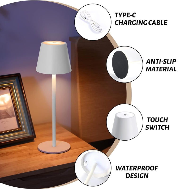 Maksone 2 Pack LED Cordless Table Lamp 6600mWh Rechargeable Battery Desk Lamp 3000K Stepless Dimming Night Light IP54 Waterproof Metal Outdoor Portable Lamp for Camping Restaurant White - Image 3