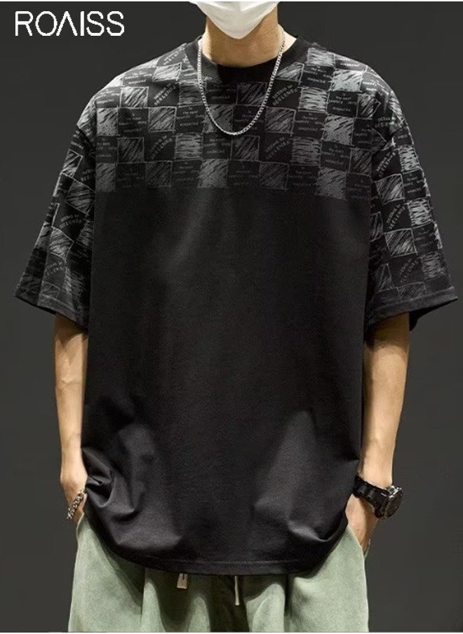 roaiss Men's Casual Loose Checked Printed T-Shirt Graffiti Design Everyday Versatile Short Sleeve Top Cotton Comfortable And Breathable Pullover  - Image 1