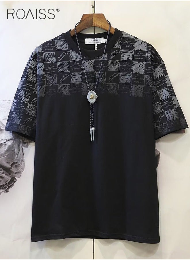 roaiss Men's Casual Loose Checked Printed T-Shirt Graffiti Design Everyday Versatile Short Sleeve Top Cotton Comfortable And Breathable Pullover  - Image 2