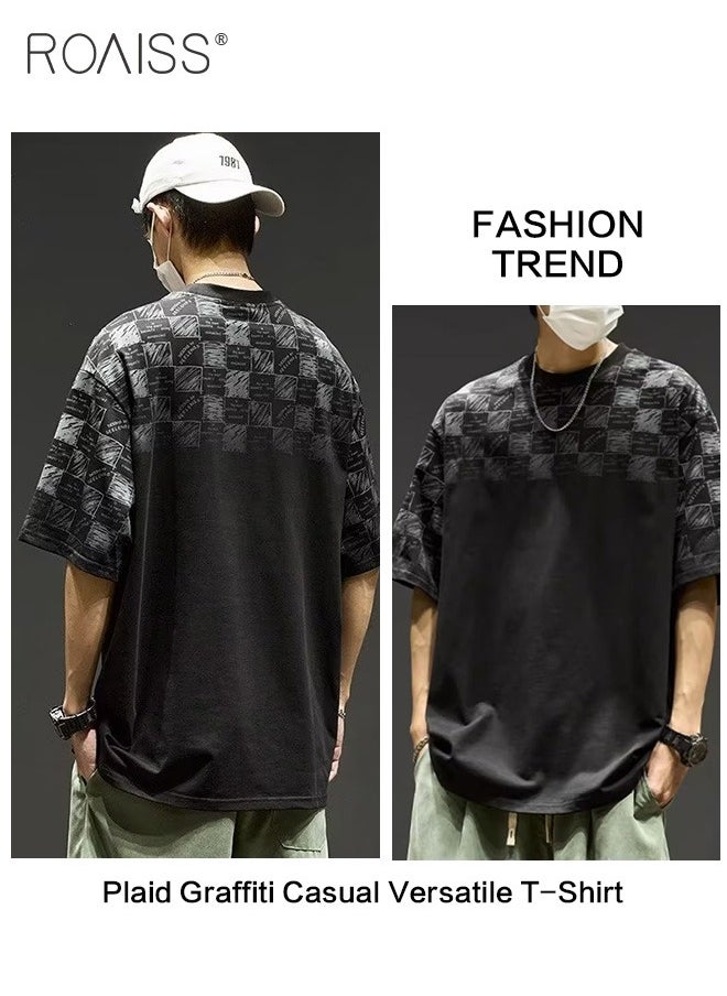 roaiss Men's Casual Loose Checked Printed T-Shirt Graffiti Design Everyday Versatile Short Sleeve Top Cotton Comfortable And Breathable Pullover  - Image 4