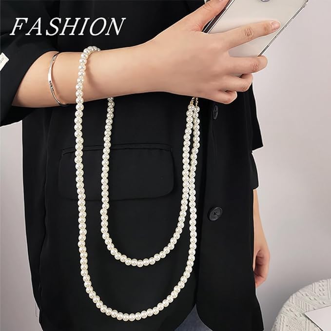 KHOLAD Phone Silver Chain Crossbody Pearl Strap, Pearl Beaded Chain Shoulder Crossbody Lanyard With Phone Tether Patches Compatible With Most Phones Bag Purse - Image 2