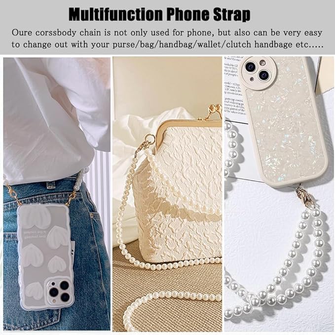 KHOLAD Phone Silver Chain Crossbody Pearl Strap, Pearl Beaded Chain Shoulder Crossbody Lanyard With Phone Tether Patches Compatible With Most Phones Bag Purse - Image 4