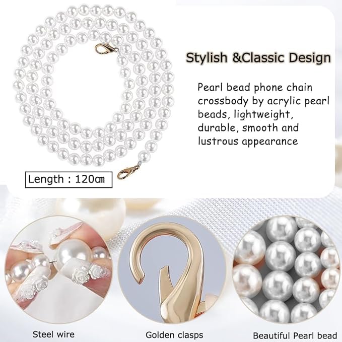 KHOLAD Phone Silver Chain Crossbody Pearl Strap, Pearl Beaded Chain Shoulder Crossbody Lanyard With Phone Tether Patches Compatible With Most Phones Bag Purse - Image 3