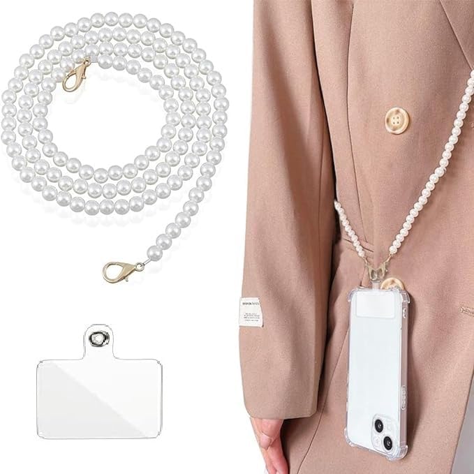 KHOLAD Phone Silver Chain Crossbody Pearl Strap, Pearl Beaded Chain Shoulder Crossbody Lanyard With Phone Tether Patches Compatible With Most Phones Bag Purse - Image 5