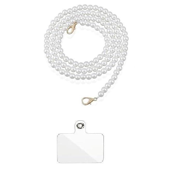 KHOLAD Phone Silver Chain Crossbody Pearl Strap, Pearl Beaded Chain Shoulder Crossbody Lanyard With Phone Tether Patches Compatible With Most Phones Bag Purse - Image 1