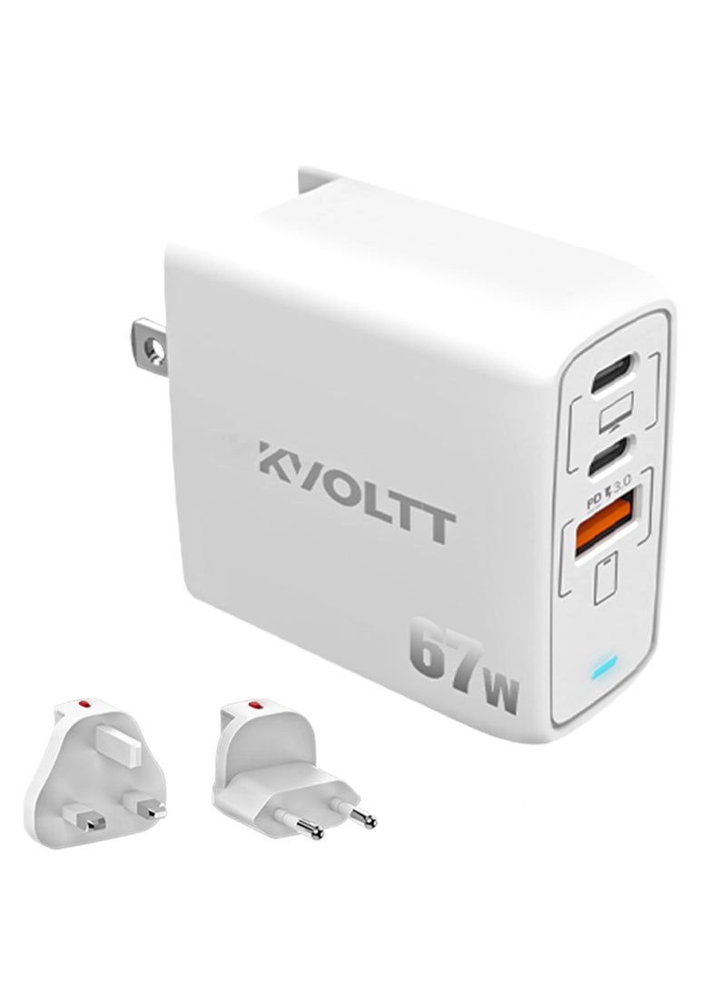 KVOLTT 65w charger type C- 67W Gan charger Adapter, 3 ports USB C Charger Travel Charger with US/UK/EU Plug, Compatible with i Phone 16 Pro Max/15 MacBook Pro/Air laptop iPad, Galaxy S24/S23 (White 2)