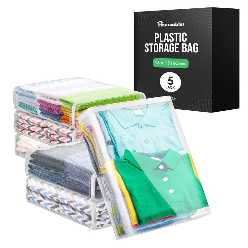 Houseables Clothes Storage Bag, Sweater Bags, Clear Storage Bags, Sweater Storage Bags, Plastic Storage Bags For Clothes, Sweater Bags Moth Proof, Clear Storage Bags With Zipper, Sheet Storage Bags, 18x15, 5 PK - Image 1