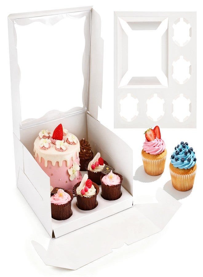 LOKQING 4 Packs Bento Cake Box with Cupcakes, 1+5 Cupcake Box Combo with Clear Window,Fit 5 Cupcakex and 1 Mini Cake for Wedding Birthday Party Baby Shower Baking Supplies - Image 1