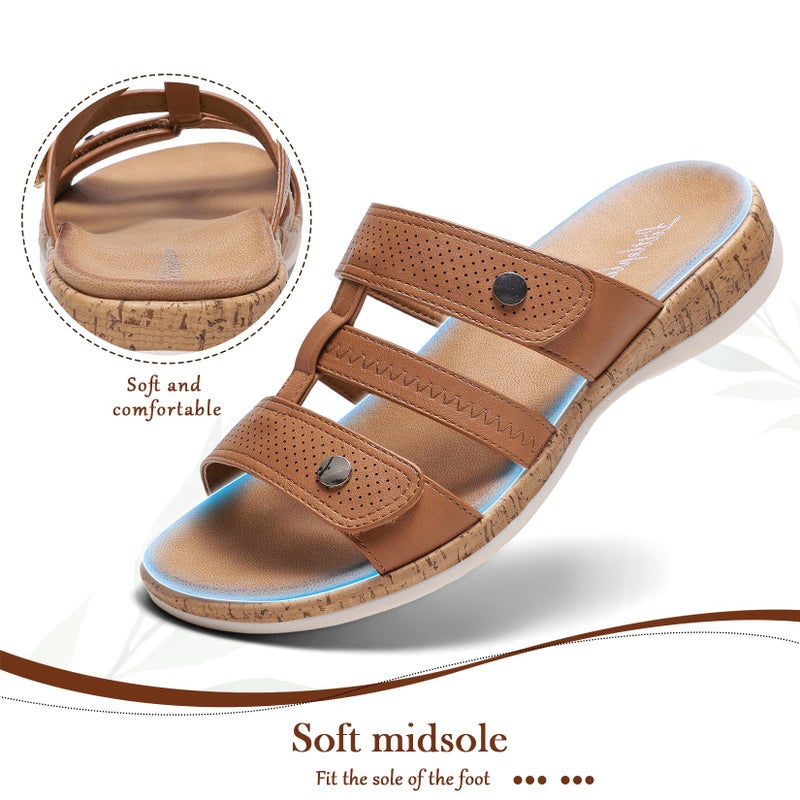Littleplum Womens Slides Sandals with Arch Support Adjustable Open Toe Slides Soft Cushion Slippers Comfort Walking Summer Shoes Brown Size 8.5 - Image 4