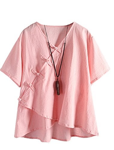 Minibee Women's Linen Retro Chinese Frog Button Tops Blouse Pink 2XL - Image 1