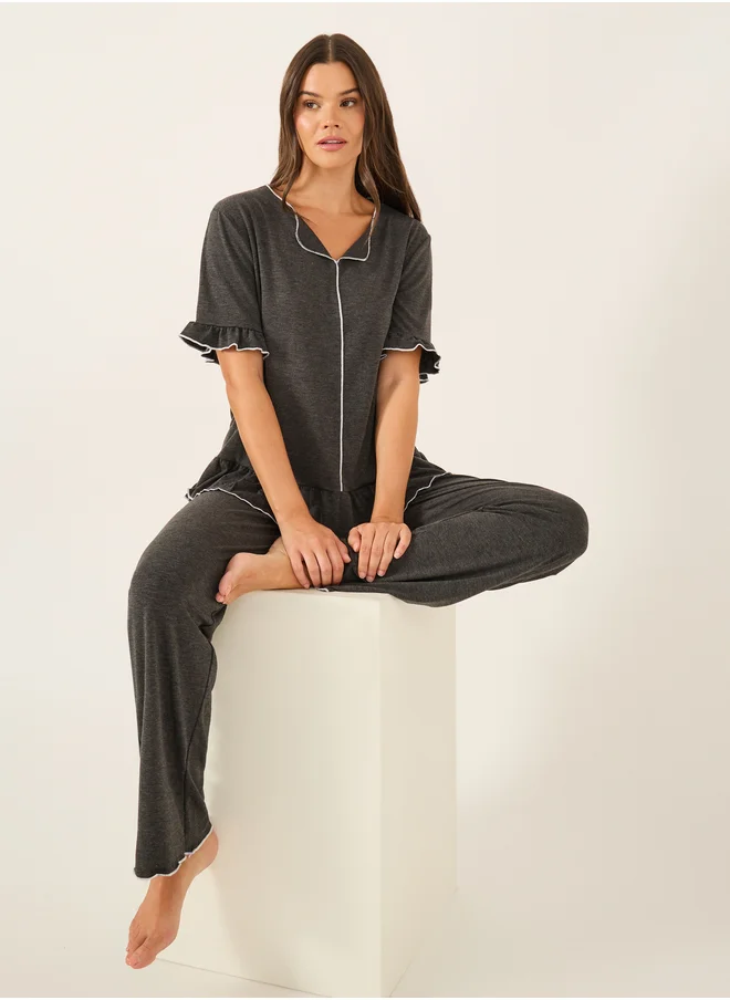 Styli Solid Ruffled Short Sleeve Top and Pyjama Set