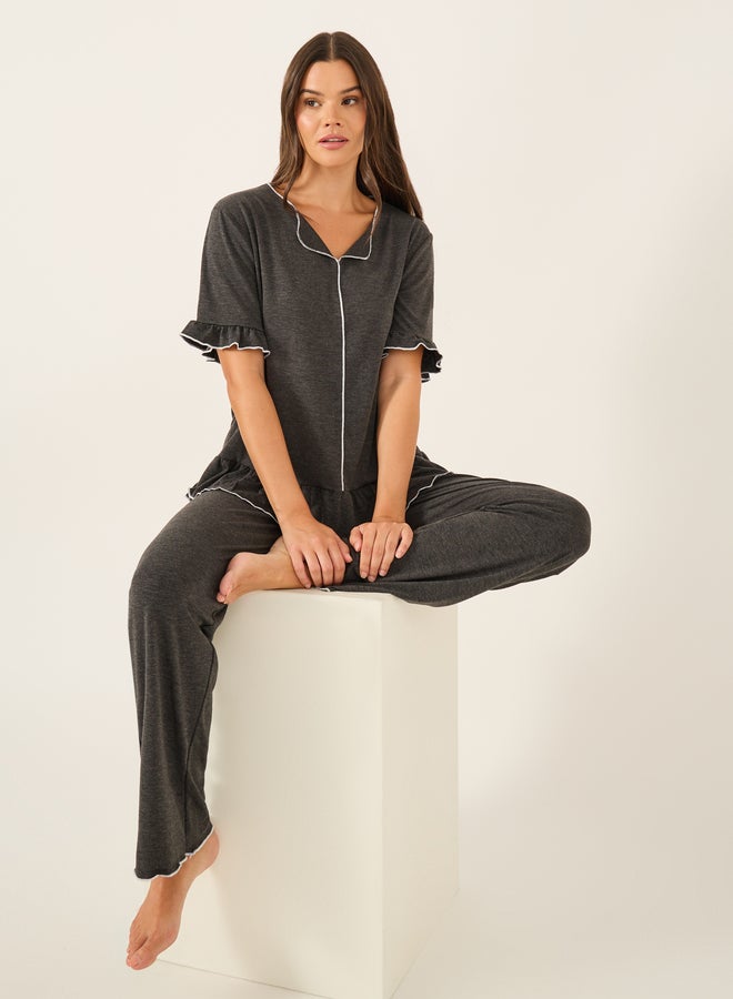 Styli Solid Ruffled Short Sleeve Top and Pyjama Set  - Image 1