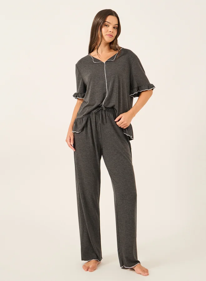 Styli Solid Ruffled Short Sleeve Top and Pyjama Set