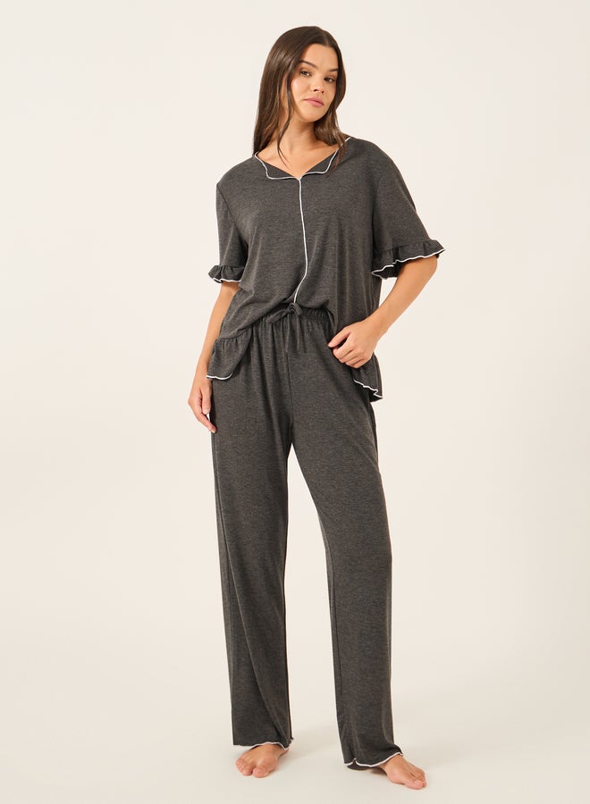 Styli Solid Ruffled Short Sleeve Top and Pyjama Set  - Image 3