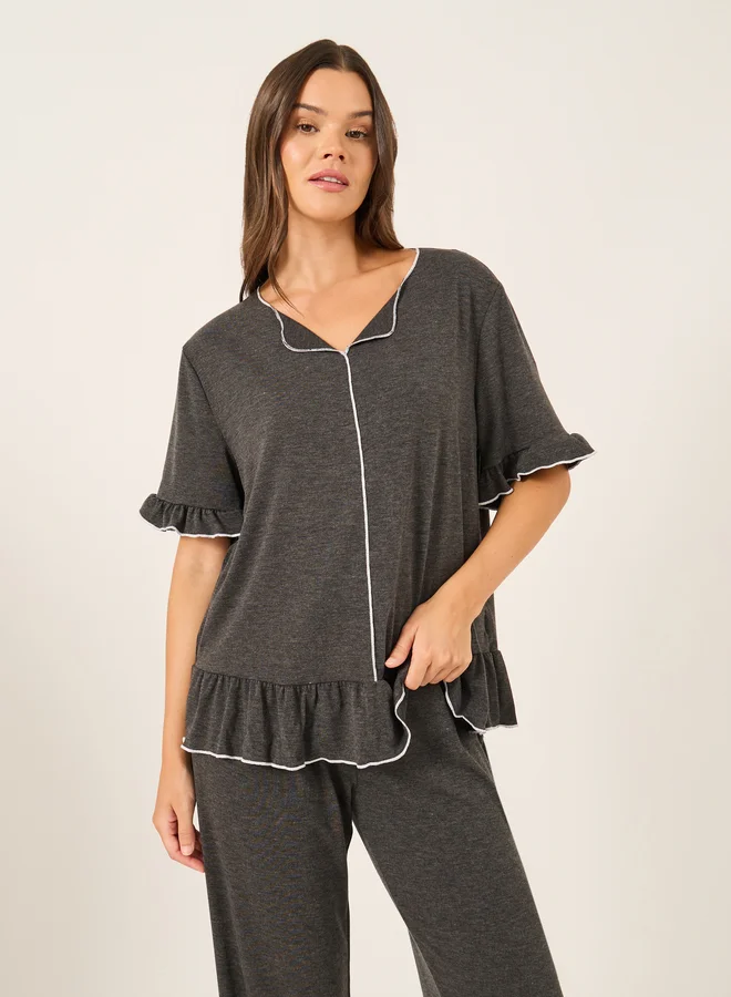 Styli Solid Ruffled Short Sleeve Top and Pyjama Set