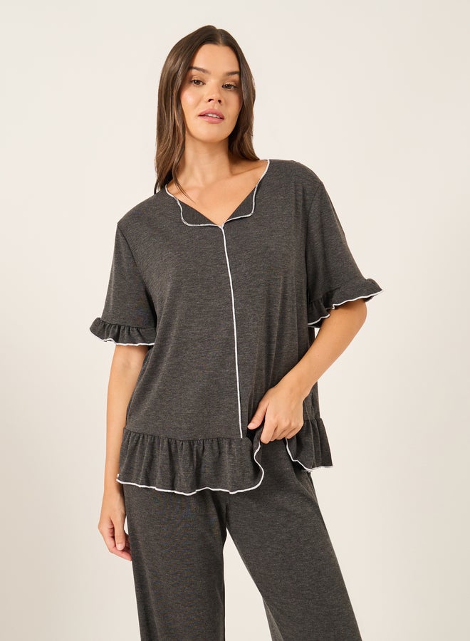 Styli Solid Ruffled Short Sleeve Top and Pyjama Set  - Image 4