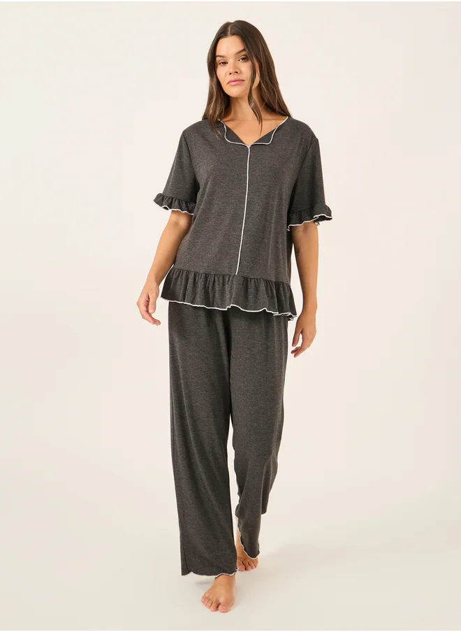 Styli Solid Ruffled Short Sleeve Top and Pyjama Set