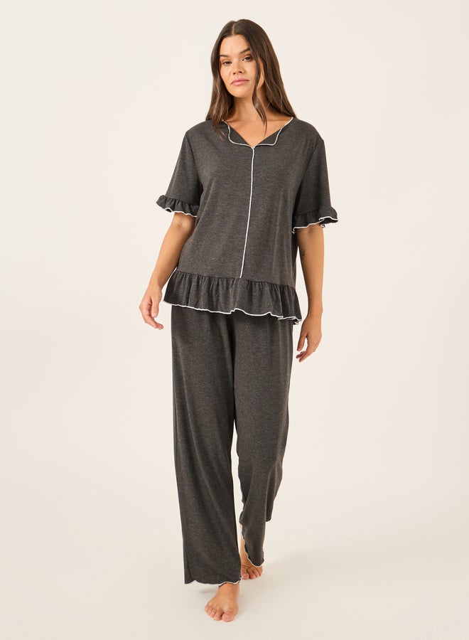 Styli Solid Ruffled Short Sleeve Top and Pyjama Set  - Image 2
