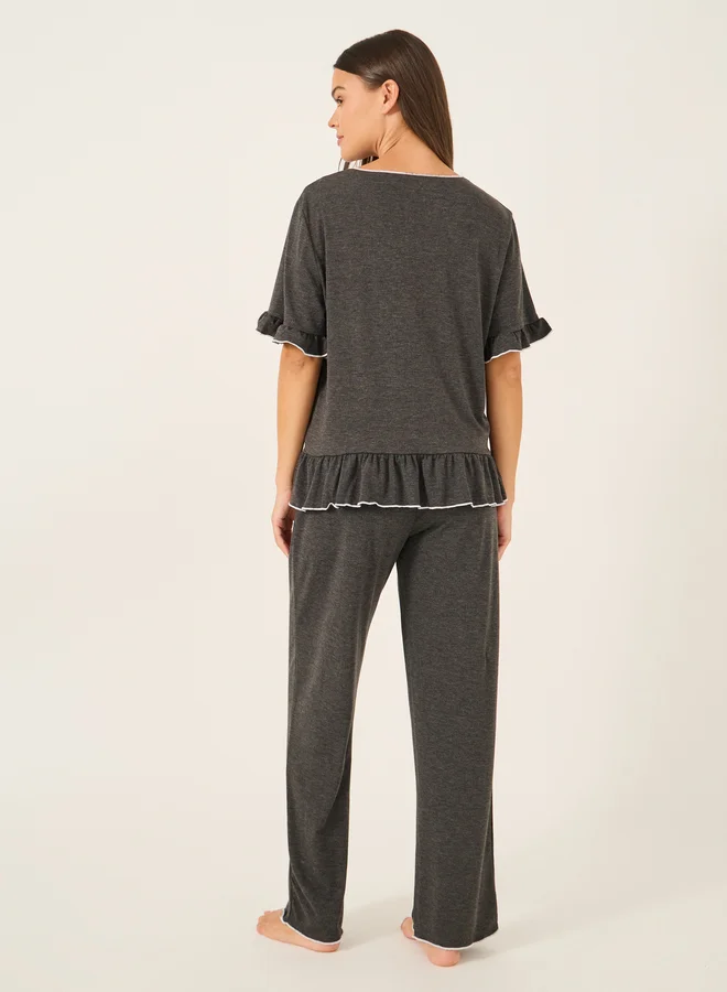 Styli Solid Ruffled Short Sleeve Top and Pyjama Set