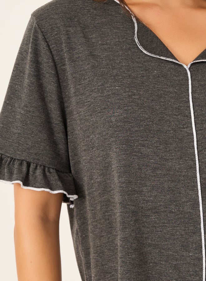 Styli Solid Ruffled Short Sleeve Top and Pyjama Set  - Image 5